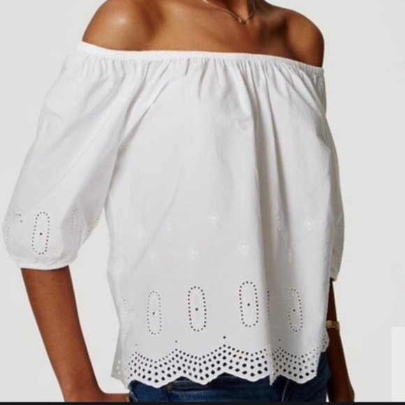 Ann Taylor Loft White Eyelet Off The Shoulder Blouse - Picture 1 of 12
